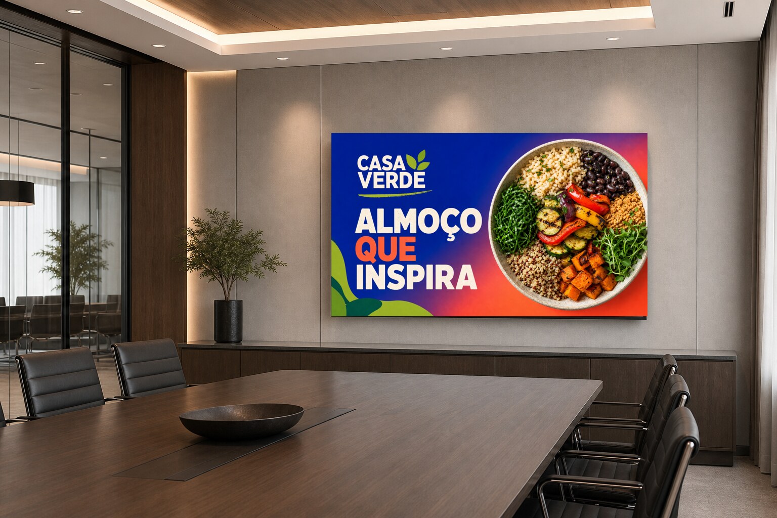 Anúncio Casa Verde em tela de sala de reunião