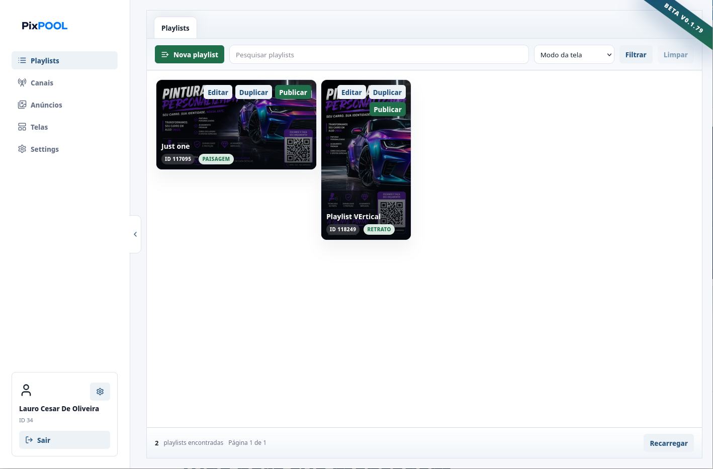 Lista de playlists da plataforma Pixpool