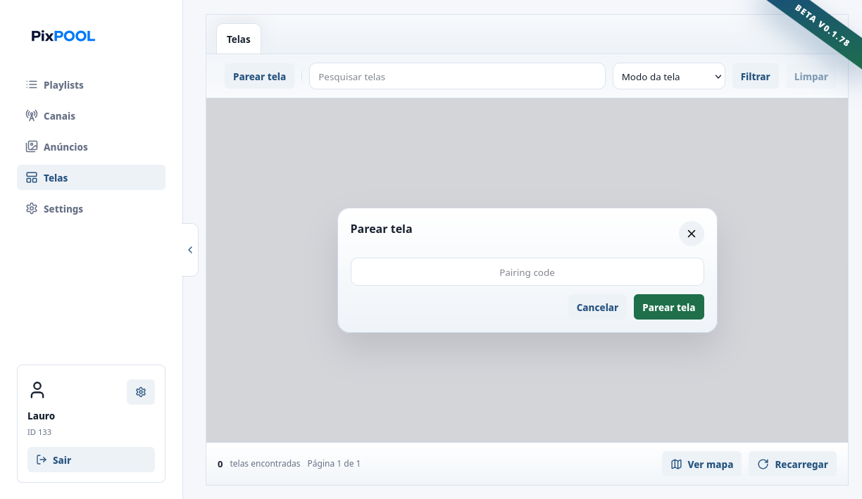 Configuração de uma tela na plataforma Pixpool